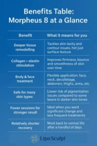 How Often Can I have Morpheus 8? 3 Table showing the benefits of Morpheus 8 treatment from Lipo Sculpt Wallingford